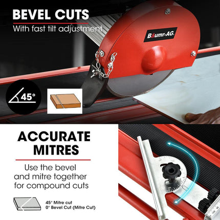 BAUMR-AG 800W Electric Tile Saw Cutter with 200mm (8") Blade, 720mm Cutting Length, Side Extension Table.