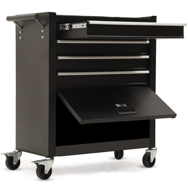Bullet Pro 4 Drawer Tool Box Cabinet Trolley Storage, with 1-Door Toolbox Garage Organiser Set, Black.