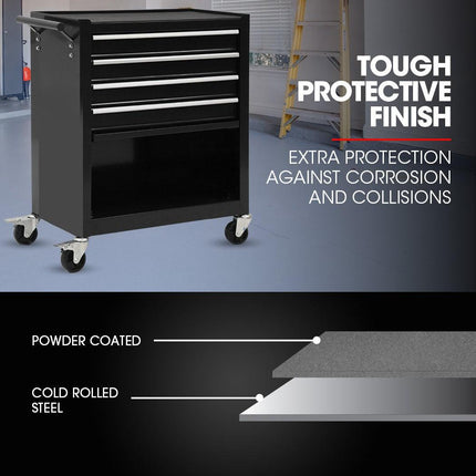 Bullet Pro 4 Drawer Tool Box Cabinet Trolley Storage, with 1-Door Toolbox Garage Organiser Set, Black.