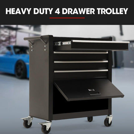 Bullet Pro 4 Drawer Tool Box Cabinet Trolley Storage, with 1-Door Toolbox Garage Organiser Set, Black.