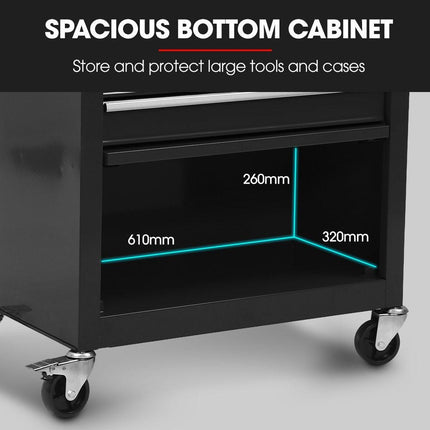 Bullet Pro 4 Drawer Tool Box Cabinet Trolley Storage, with 1-Door Toolbox Garage Organiser Set, Black.