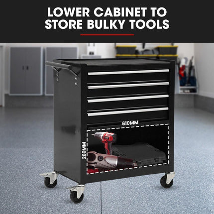 Bullet Pro 4 Drawer Tool Box Cabinet Trolley Storage, with 1-Door Toolbox Garage Organiser Set, Black.
