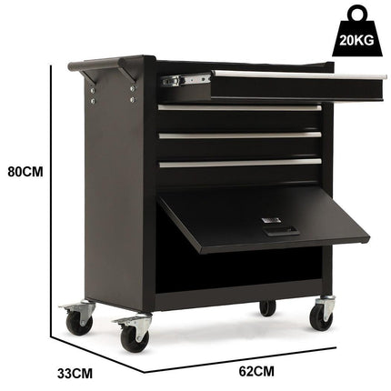 Bullet Pro 4 Drawer Tool Box Cabinet Trolley Storage, with 1-Door Toolbox Garage Organiser Set, Black.