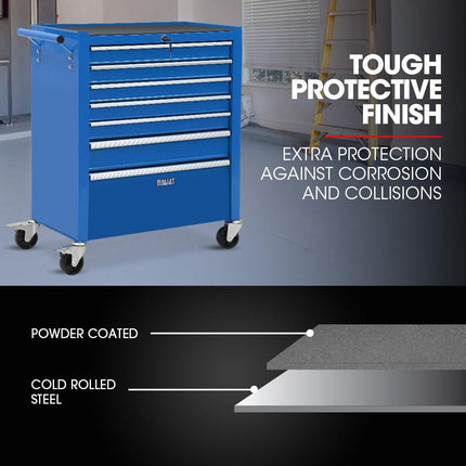 BULLET Pro 7 Drawer Tool Box Cabinet Trolley Storage, Toolbox Garage Organiser Set, Blue.