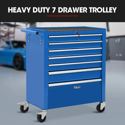 BULLET Pro 7 Drawer Tool Box Cabinet Trolley Storage, Toolbox Garage Organiser Set, Blue.