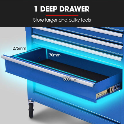 BULLET Pro 7 Drawer Tool Box Cabinet Trolley Storage, Toolbox Garage Organiser Set, Blue.