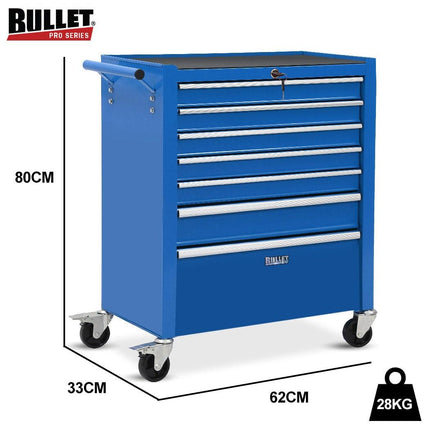 BULLET Pro 7 Drawer Tool Box Cabinet Trolley Storage, Toolbox Garage Organiser Set, Blue.