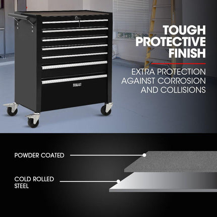 BULLET Pro 7 Drawer Tool Box Cabinet Trolley Storage, Toolbox Garage Organiser Set, Black.