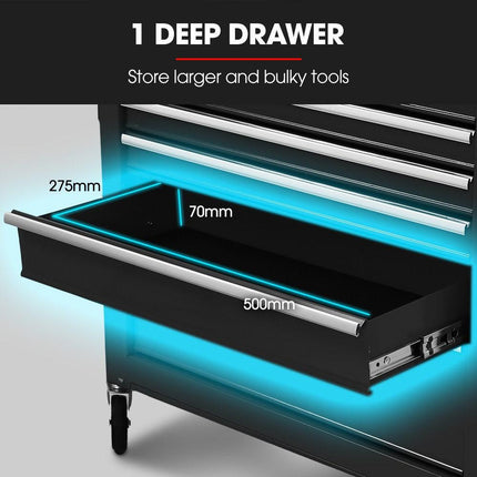 BULLET Pro 7 Drawer Tool Box Cabinet Trolley Storage, Toolbox Garage Organiser Set, Black.