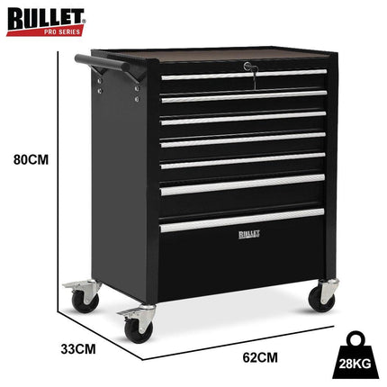 BULLET Pro 7 Drawer Tool Box Cabinet Trolley Storage, Toolbox Garage Organiser Set, Black.