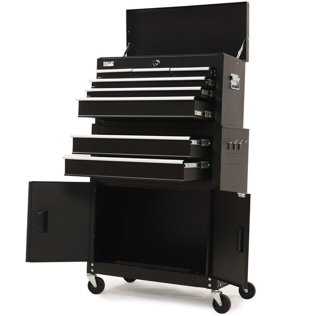 BULLET Pro 8 Drawer Tool Box Chest Cabinet Storage, with 2-Door Toolbox Garage Organiser Set, Black.