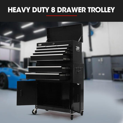BULLET Pro 8 Drawer Tool Box Chest Cabinet Storage, with 2-Door Toolbox Garage Organiser Set, Black.