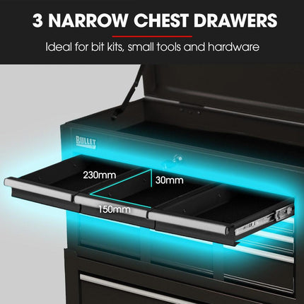 BULLET Pro 8 Drawer Tool Box Chest Cabinet Storage, with 2-Door Toolbox Garage Organiser Set, Black.