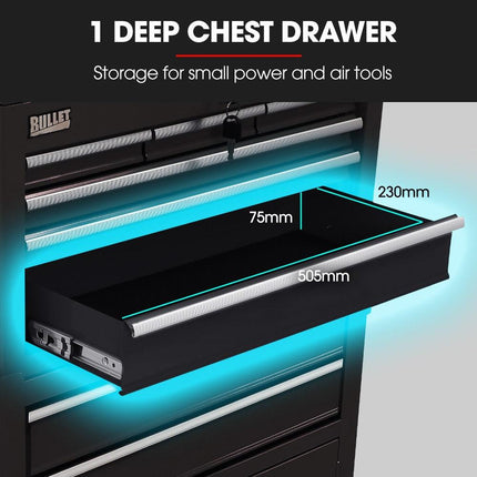 BULLET Pro 8 Drawer Tool Box Chest Cabinet Storage, with 2-Door Toolbox Garage Organiser Set, Black.