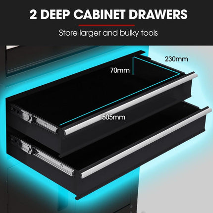BULLET Pro 8 Drawer Tool Box Chest Cabinet Storage, with 2-Door Toolbox Garage Organiser Set, Black.
