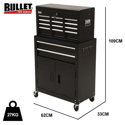 BULLET Pro 8 Drawer Tool Box Chest Cabinet Storage, with 2-Door Toolbox Garage Organiser Set, Black.