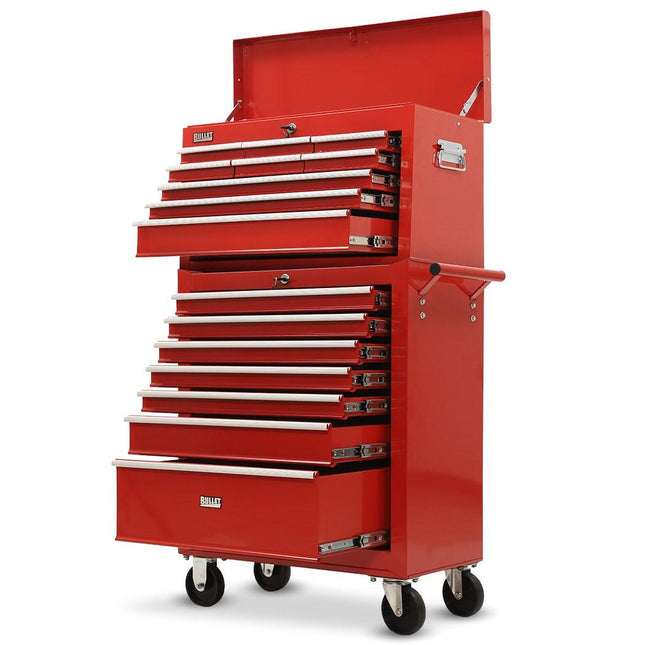 Bullet Pro 16 Drawer Tool Box Cabinet Chest Storage, Toolbox Garage Organiser Set, Red.