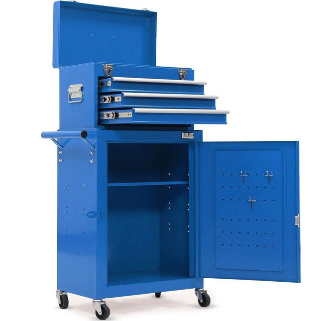 Bullet Pro 3 Drawer Tool Box Cabinet Trolley Storage, with 1-Door Toolbox Garage Organiser Set, Blue.