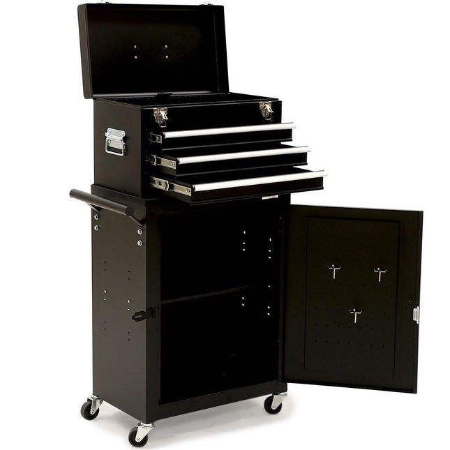 Bullet Pro 3 Drawer Tool Box Cabinet Trolley Storage, with 1-Door Toolbox Garage Organiser Set, Black.