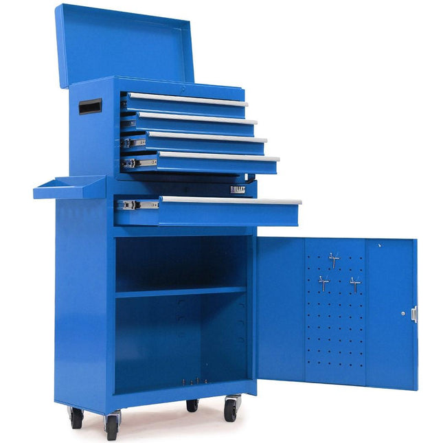 Bullet Pro 5 Drawer Tool Box Cabinet Chest Storage, with 1-Door Toolbox Garage Organiser Set, Blue.