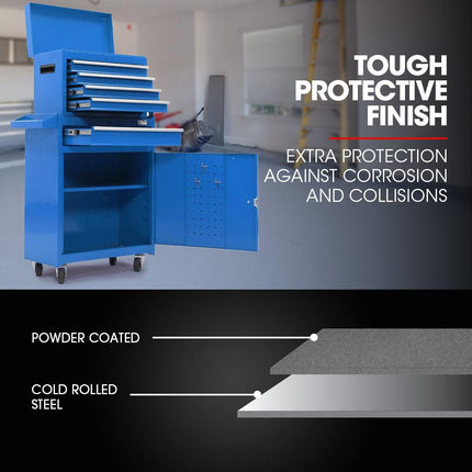 Bullet Pro 5 Drawer Tool Box Cabinet Chest Storage, with 1-Door Toolbox Garage Organiser Set, Blue.