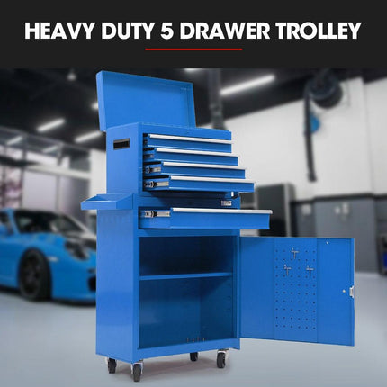 Bullet Pro 5 Drawer Tool Box Cabinet Chest Storage, with 1-Door Toolbox Garage Organiser Set, Blue.