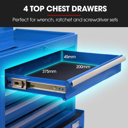 Bullet Pro 5 Drawer Tool Box Cabinet Chest Storage, with 1-Door Toolbox Garage Organiser Set, Blue.