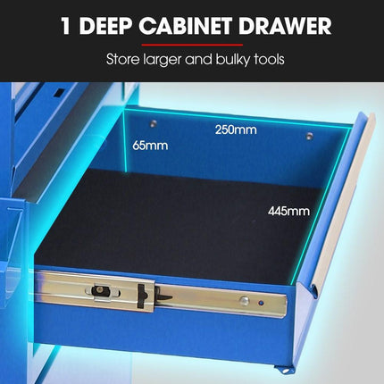 Bullet Pro 5 Drawer Tool Box Cabinet Chest Storage, with 1-Door Toolbox Garage Organiser Set, Blue.