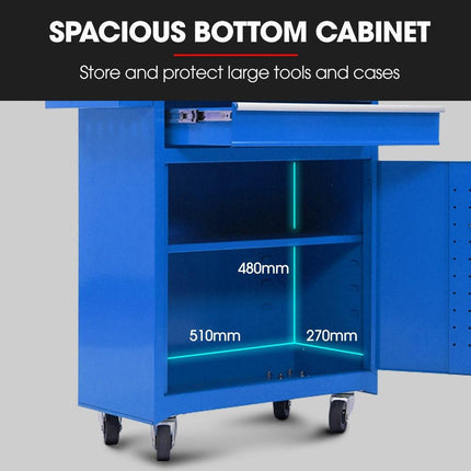 Bullet Pro 5 Drawer Tool Box Cabinet Chest Storage, with 1-Door Toolbox Garage Organiser Set, Blue.
