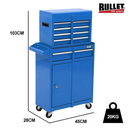 Bullet Pro 5 Drawer Tool Box Cabinet Chest Storage, with 1-Door Toolbox Garage Organiser Set, Blue.