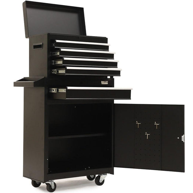 BULLET Pro 5 Drawer Tool Box Cabinet Chest Storage, with 1-Door Toolbox Garage Organiser Set, Black.
