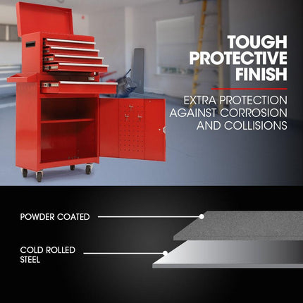 BULLET Pro 5 Drawer Tool Box Cabinet Chest Storage, with 1-Door Toolbox Garage Organiser Set, Red.