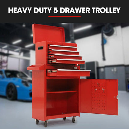 BULLET Pro 5 Drawer Tool Box Cabinet Chest Storage, with 1-Door Toolbox Garage Organiser Set, Red.