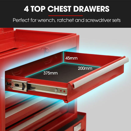 BULLET Pro 5 Drawer Tool Box Cabinet Chest Storage, with 1-Door Toolbox Garage Organiser Set, Red.