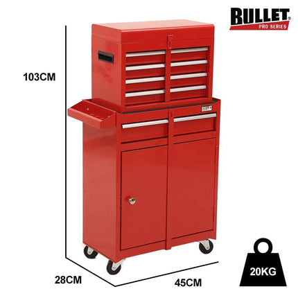 BULLET Pro 5 Drawer Tool Box Cabinet Chest Storage, with 1-Door Toolbox Garage Organiser Set, Red.