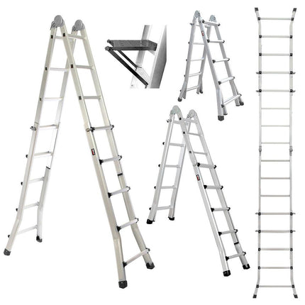 Bullet 5.1m Folding Aluminium Multipurpose Ladder, w/ Workshelf Platform, Spring Assisted Rapid Safety Lock Adjusters.