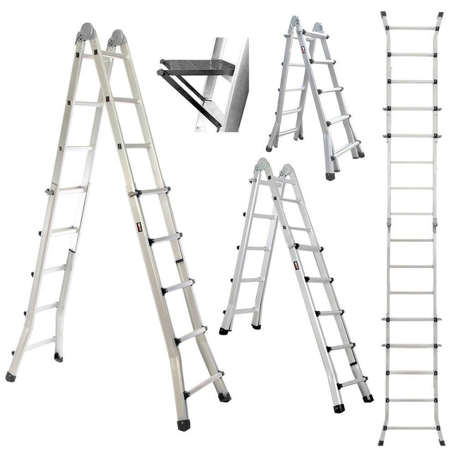Bullet 5.1m Folding Aluminium Multipurpose Ladder, w/ Workshelf Platform, Spring Assisted Rapid Safety Lock Adjusters.