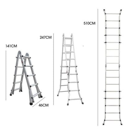 Bullet 5.1m Folding Aluminium Multipurpose Ladder, w/ Workshelf Platform, Spring Assisted Rapid Safety Lock Adjusters.