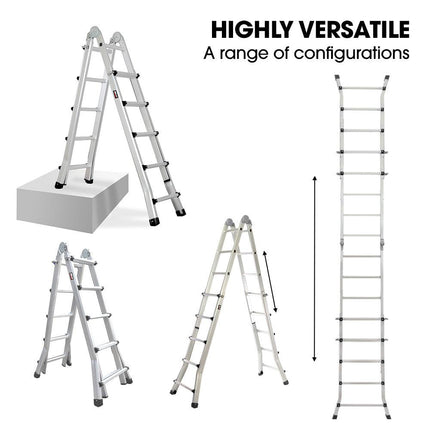 Bullet 5.1m Folding Aluminium Multipurpose Ladder, w/ Workshelf Platform, Spring Assisted Rapid Safety Lock Adjusters.