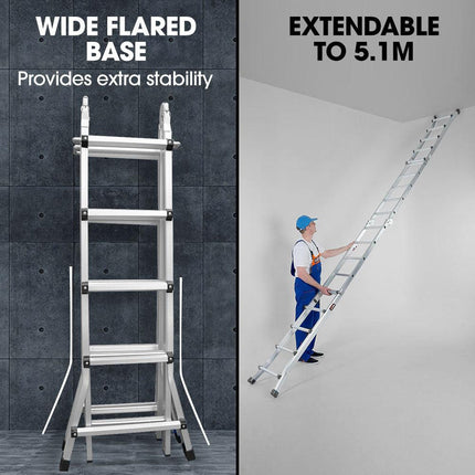 Bullet 5.1m Folding Aluminium Multipurpose Ladder, w/ Workshelf Platform, Spring Assisted Rapid Safety Lock Adjusters.