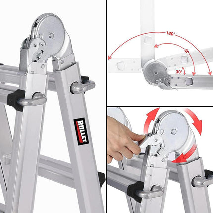 Bullet 5.1m Folding Aluminium Multipurpose Ladder, w/ Workshelf Platform, Spring Assisted Rapid Safety Lock Adjusters.