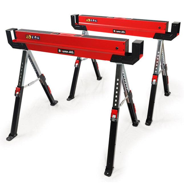 BAUMR-AG 2 x Steel Saw Horse, Folding Height Adjustable Sawhorse, 1180kg Capacity, 2x4 Support Arms.