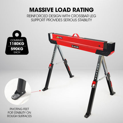 BAUMR-AG 2 x Steel Saw Horse, Folding Height Adjustable Sawhorse, 1180kg Capacity, 2x4 Support Arms.