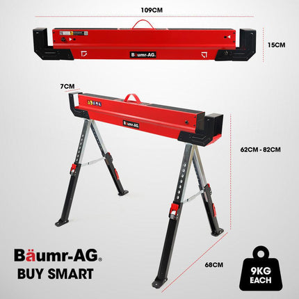 BAUMR-AG 2 x Steel Saw Horse, Folding Height Adjustable Sawhorse, 1180kg Capacity, 2x4 Support Arms.