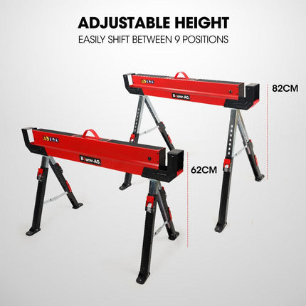 BAUMR-AG 2 x Steel Saw Horse, Folding Height Adjustable Sawhorse, 1180kg Capacity, 2x4 Support Arms.