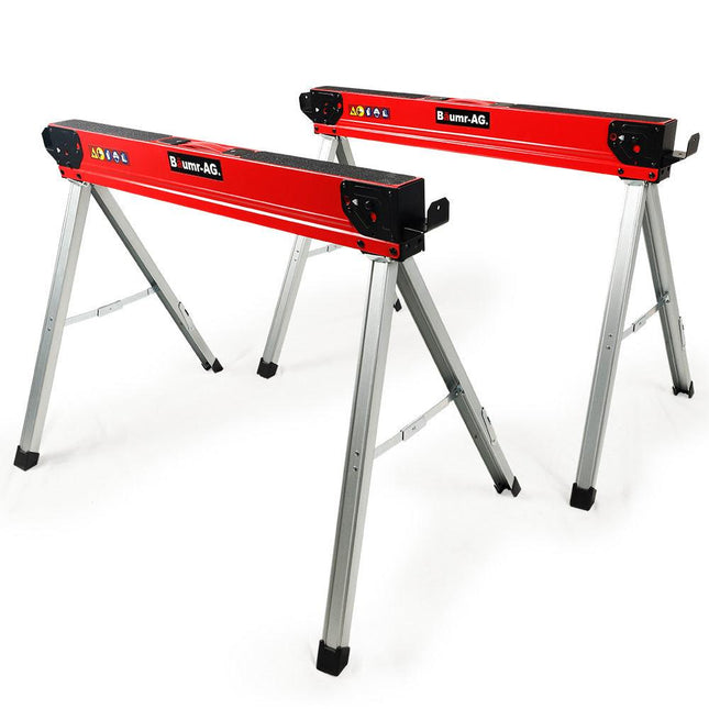 Baumr-AG 2 x Steel Saw Horse, 1000kg Capacity Folding Adjustable Sawhorses, 2x4 Support Arms.