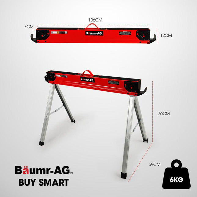 Baumr-AG 2 x Steel Saw Horse, 1000kg Capacity Folding Adjustable Sawhorses, 2x4 Support Arms.