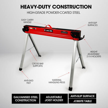 Baumr-AG 2 x Steel Saw Horse, 1000kg Capacity Folding Adjustable Sawhorses, 2x4 Support Arms.