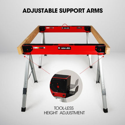 Baumr-AG 2 x Steel Saw Horse, 1000kg Capacity Folding Adjustable Sawhorses, 2x4 Support Arms.