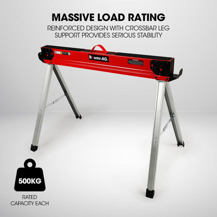 Baumr-AG 2 x Steel Saw Horse, 1000kg Capacity Folding Adjustable Sawhorses, 2x4 Support Arms.